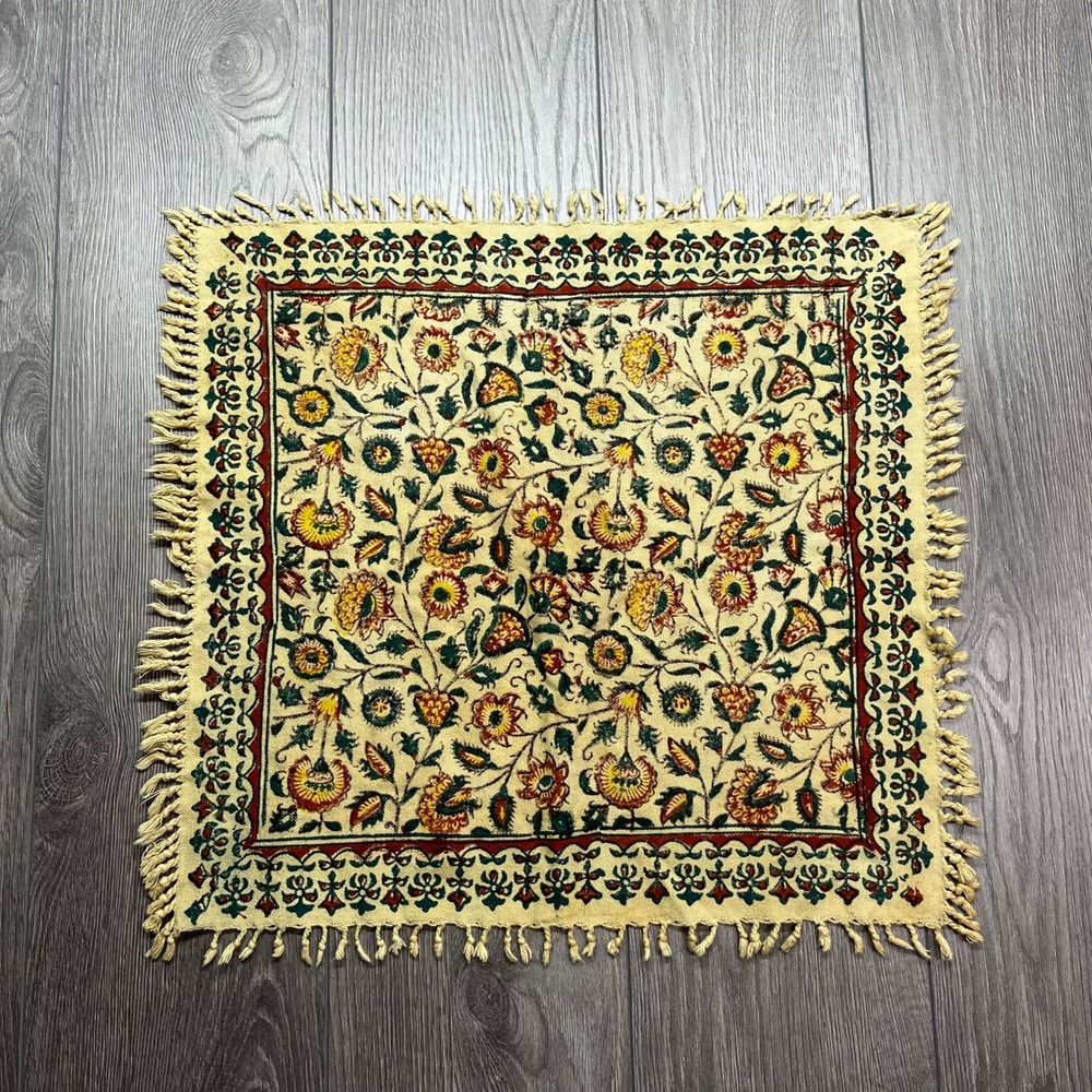 Persian Ghalamkar Block Print Cotton Textile Isfahan Iran Floral Fringe 20x20